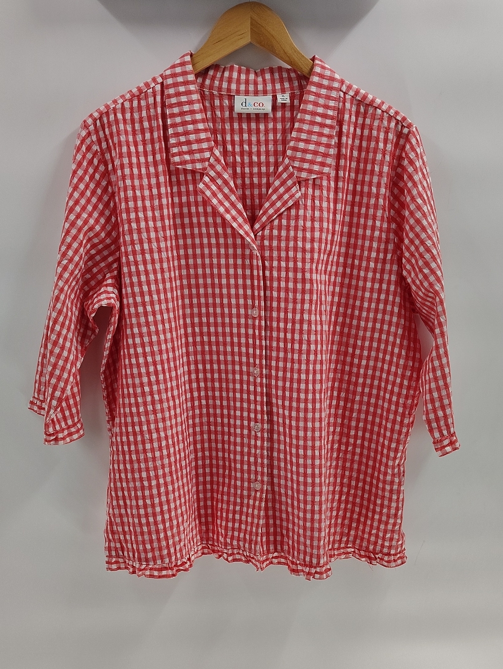 D&Co Button Down Blouse Pink White Gingham Check Elbow Sleeves Cotton Blend XL
